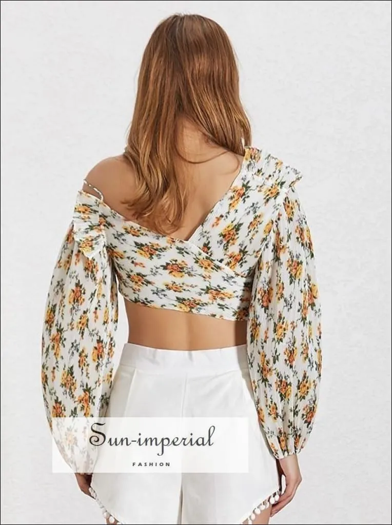 Diana top - Floral Print Women Shirt off Shoulder V Neck Lantern Sleeve Pleated Crop top