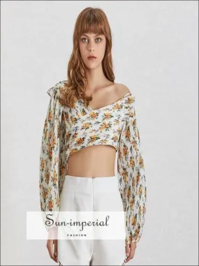 Diana top - Floral Print Women Shirt off Shoulder V Neck Lantern Sleeve Pleated Crop top