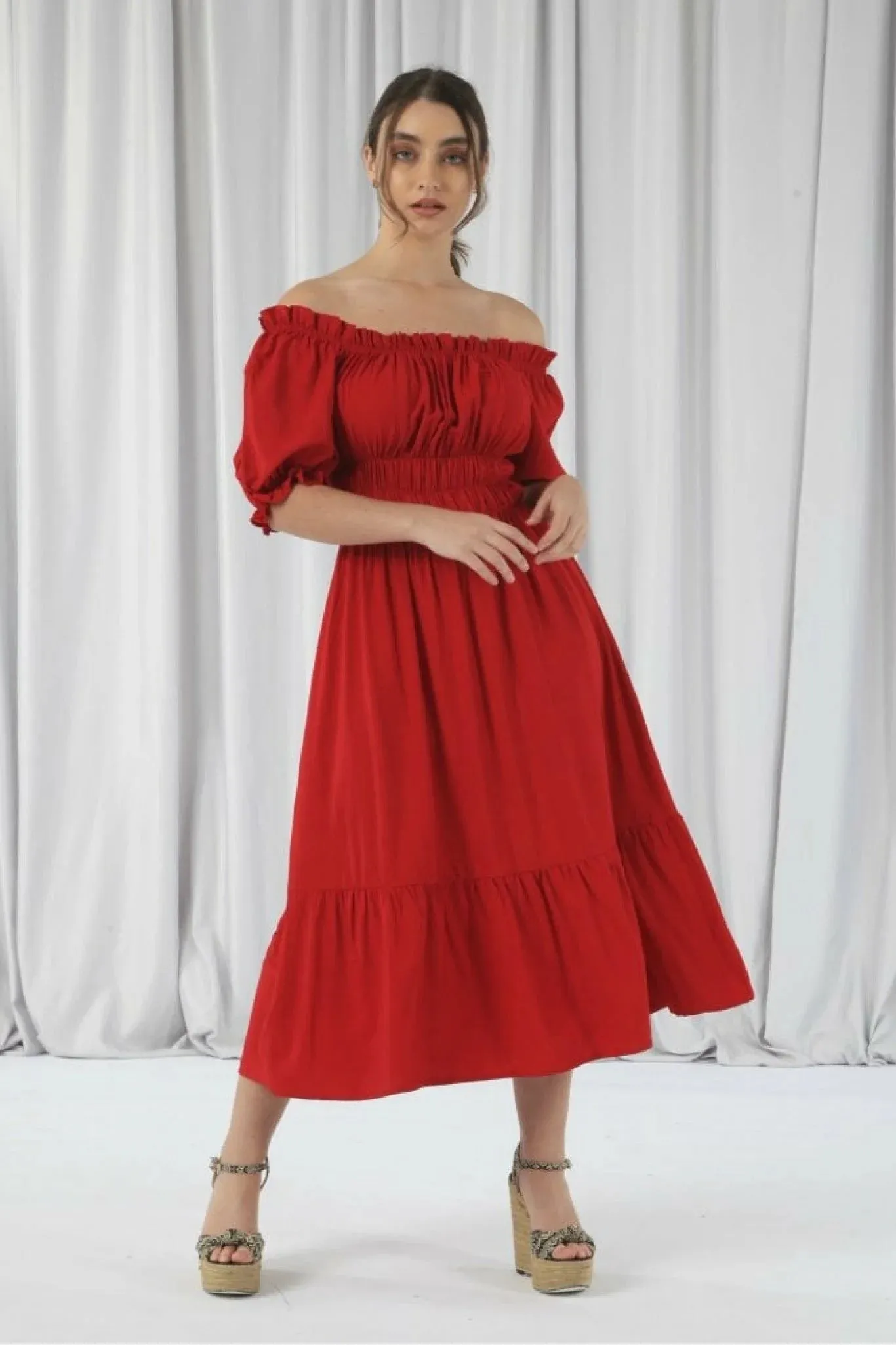 Double Second Red Bardot Midi Dress