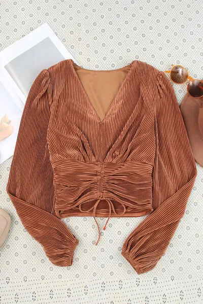 Drawstring V-Neck Balloon Sleeve Blouse