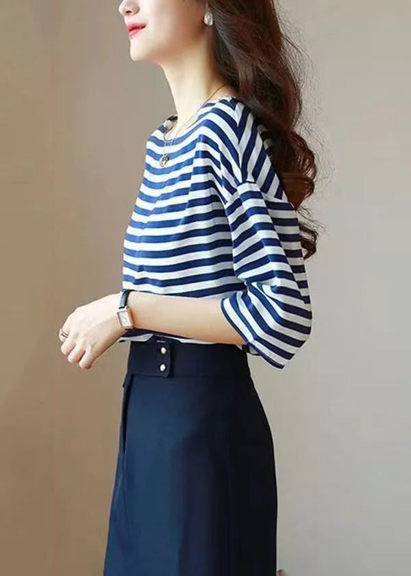 Elegant Blue O Neck Striped Silk Shirt Tops Summer BV066