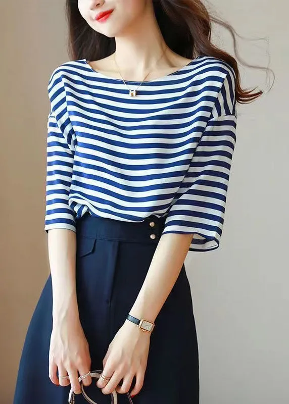 Elegant Blue O Neck Striped Silk Shirt Tops Summer BV066