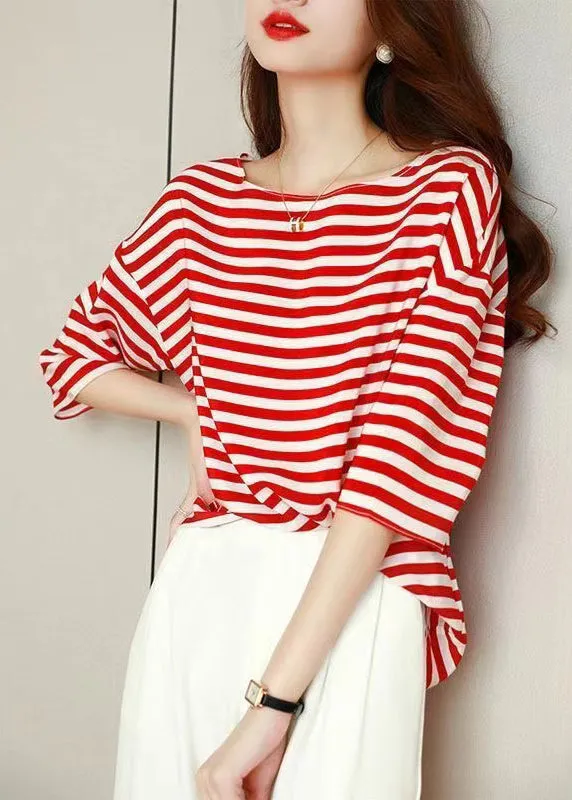 Elegant Blue O Neck Striped Silk Shirt Tops Summer BV066