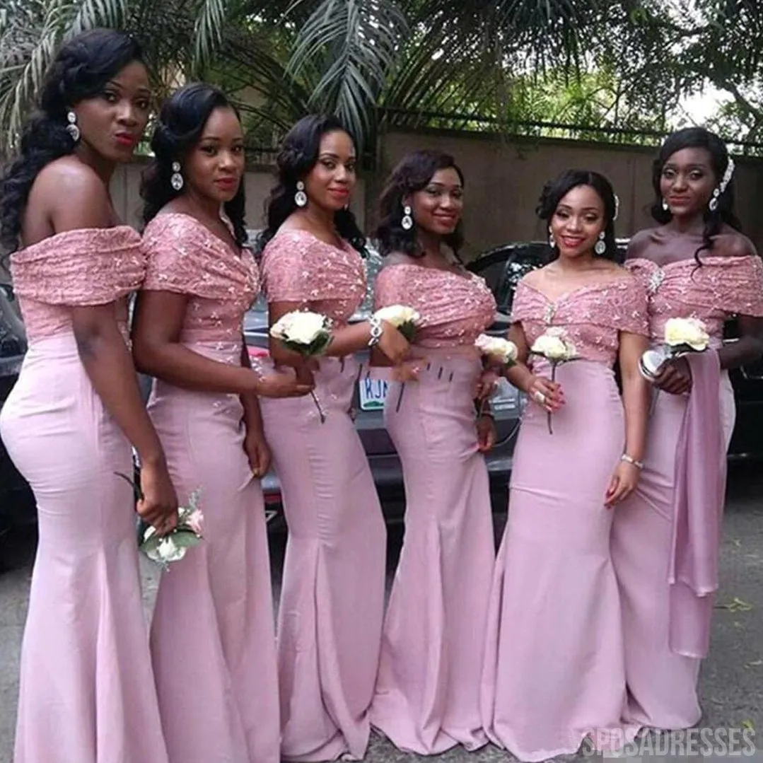 Elegant Floral Mermaid Pink Off the Shoulder Long Bridesmaid  Dresses Online, WG1011