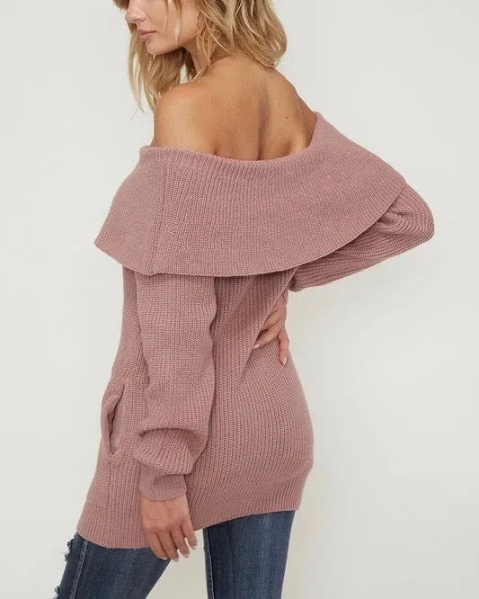 Essential Off The Shoulder Ribbed Knit Sweater with Pockets in Mauve