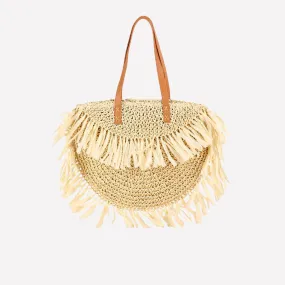 Fashion-Forward Bo-Ho Women’s Half-Round Fringed Straw Tote