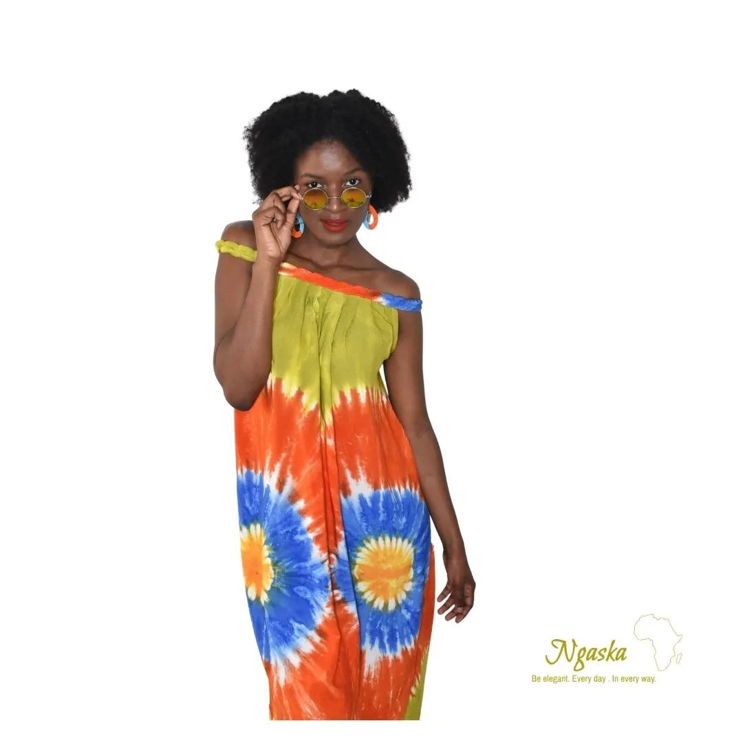 Green Orange & Blue Off-Shoulder Tie Dye Dress TDD3