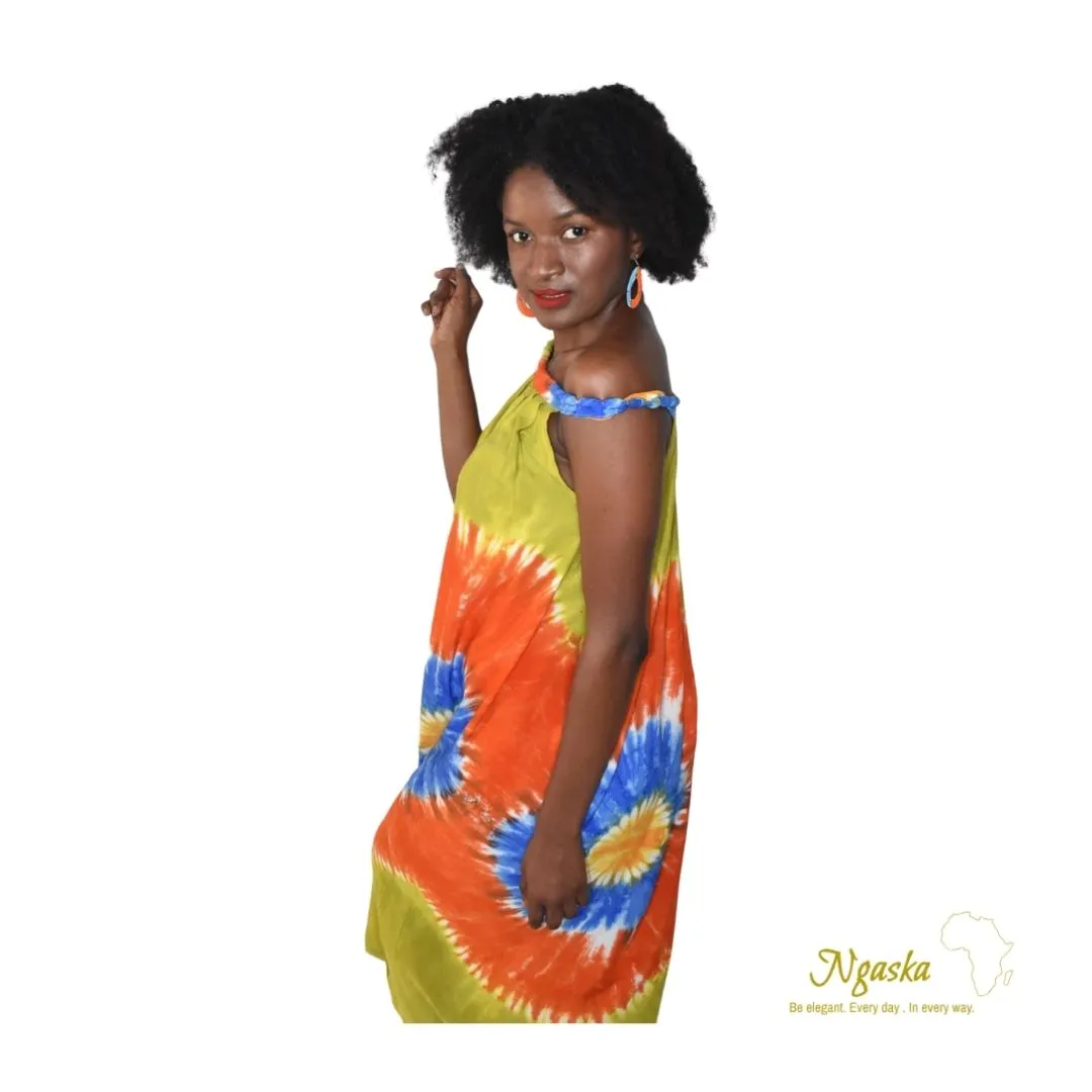 Green Orange & Blue Off-Shoulder Tie Dye Dress TDD3