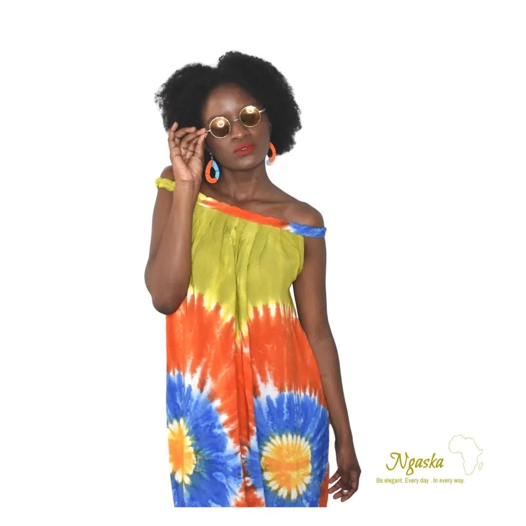 Green Orange & Blue Off-Shoulder Tie Dye Dress TDD3