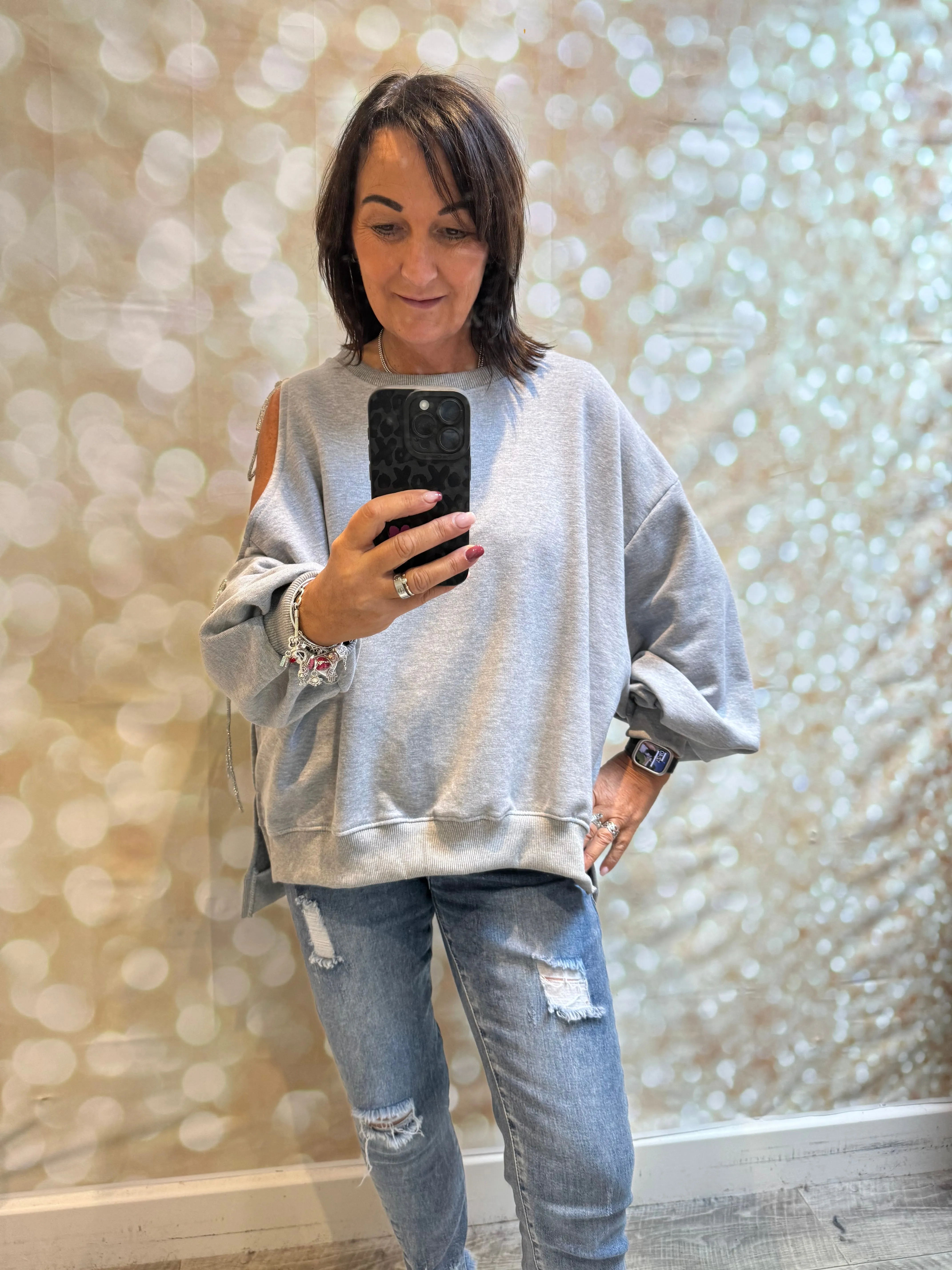 ID Cold Shoulder Sweatshirt with diamante ties