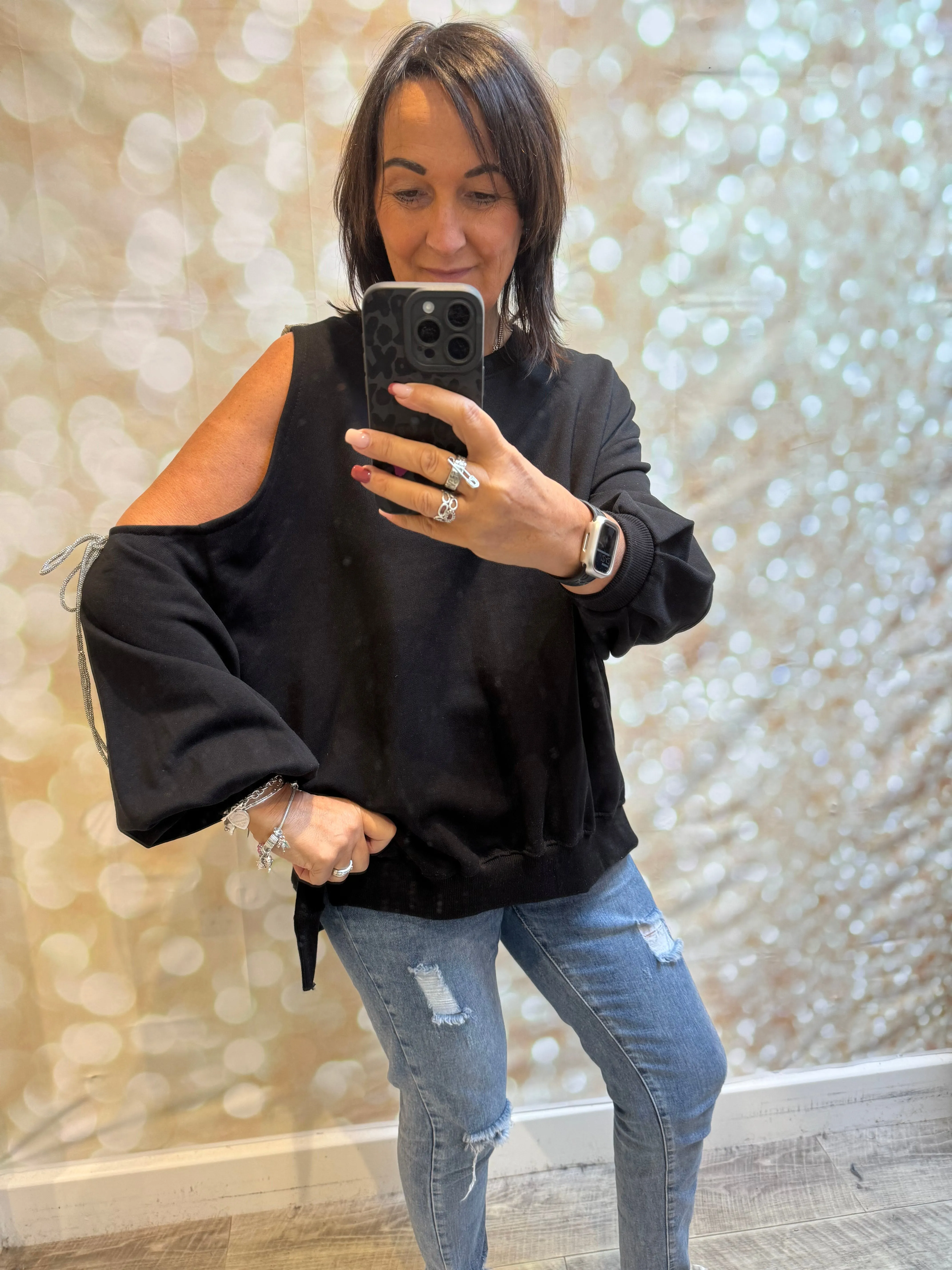 ID Cold Shoulder Sweatshirt with diamante ties