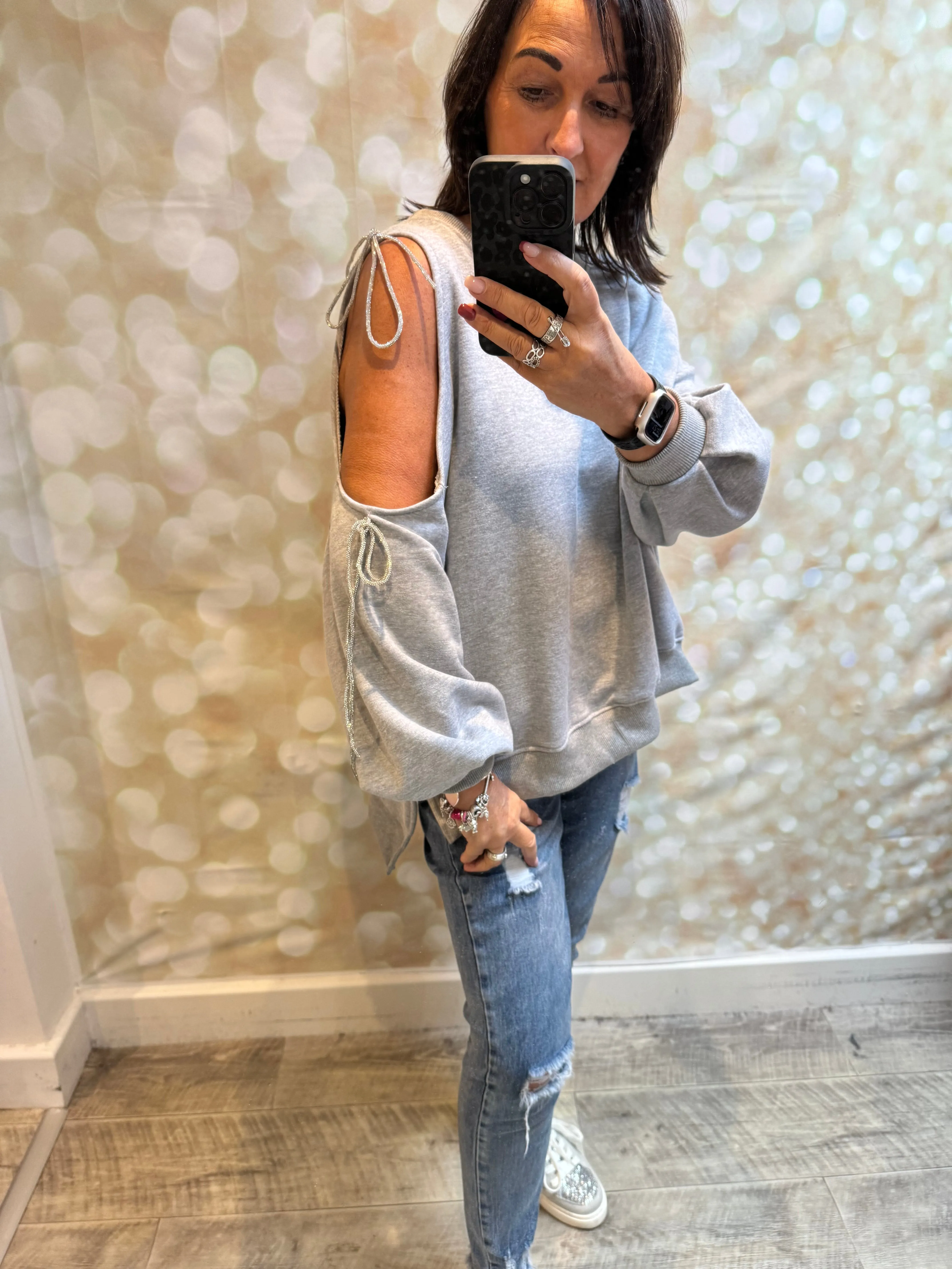 ID Cold Shoulder Sweatshirt with diamante ties