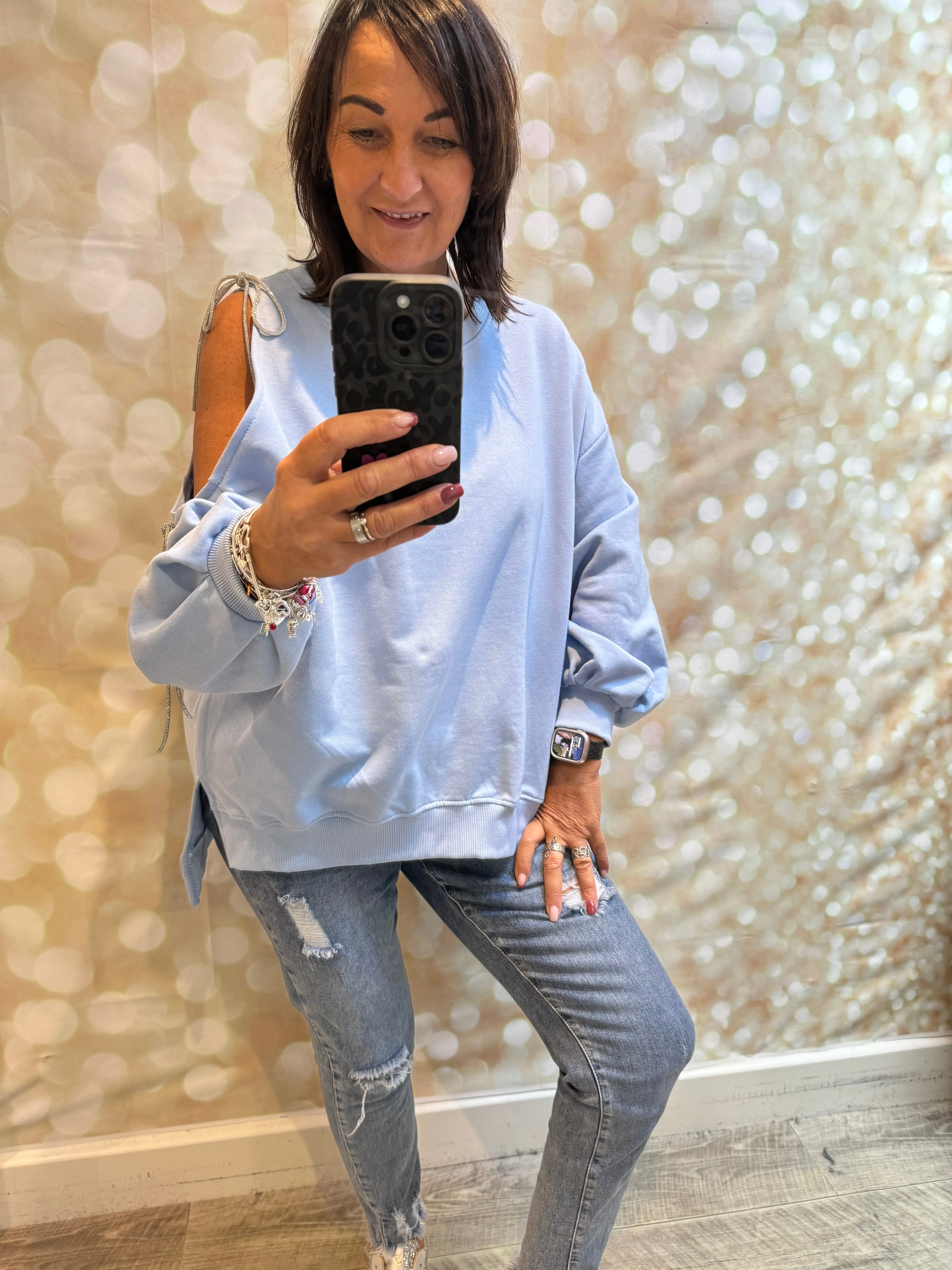 ID Cold Shoulder Sweatshirt with diamante ties