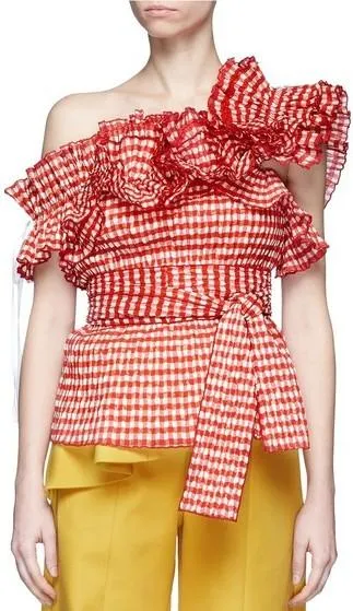 'Iris' Off-the-Shoulder Ruffled Gingham Seersucker Top