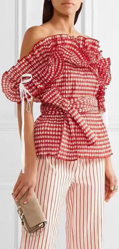 'Iris' Off-the-Shoulder Ruffled Gingham Seersucker Top