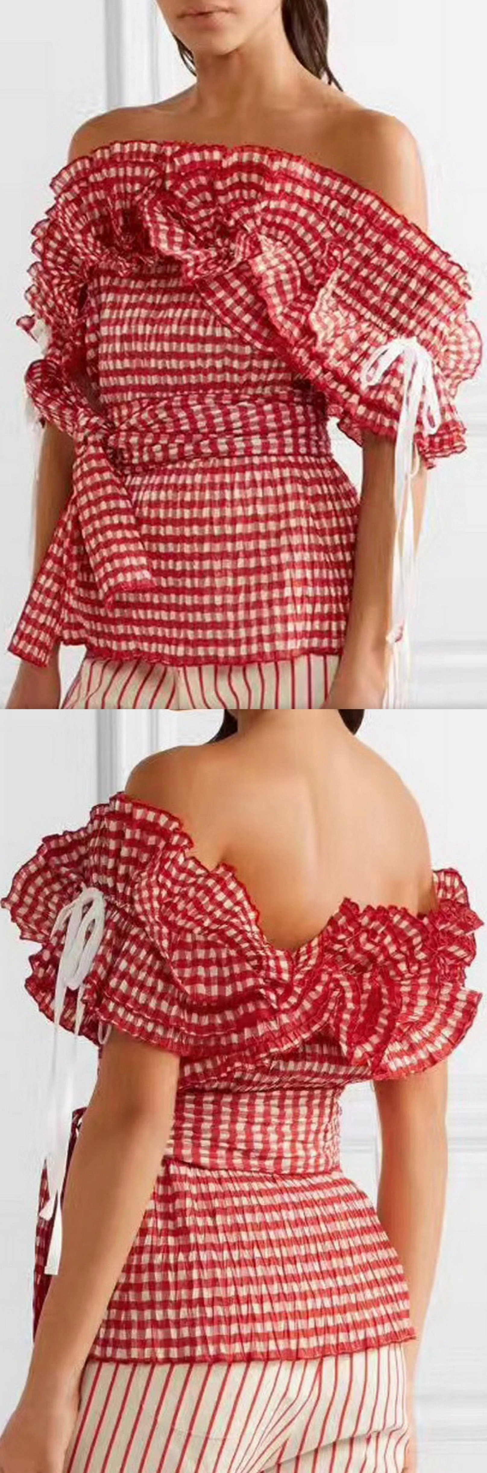 'Iris' Off-the-Shoulder Ruffled Gingham Seersucker Top