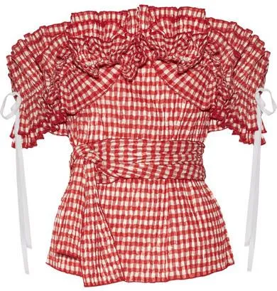 'Iris' Off-the-Shoulder Ruffled Gingham Seersucker Top