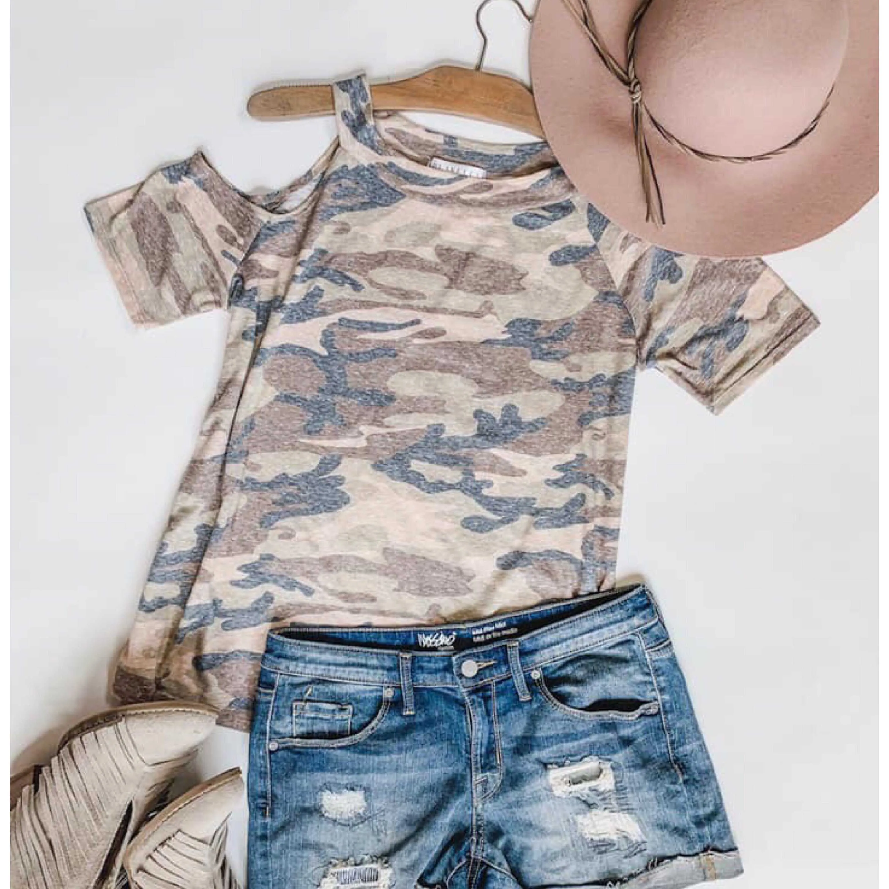 Katie Camo Cold Shoulder Top