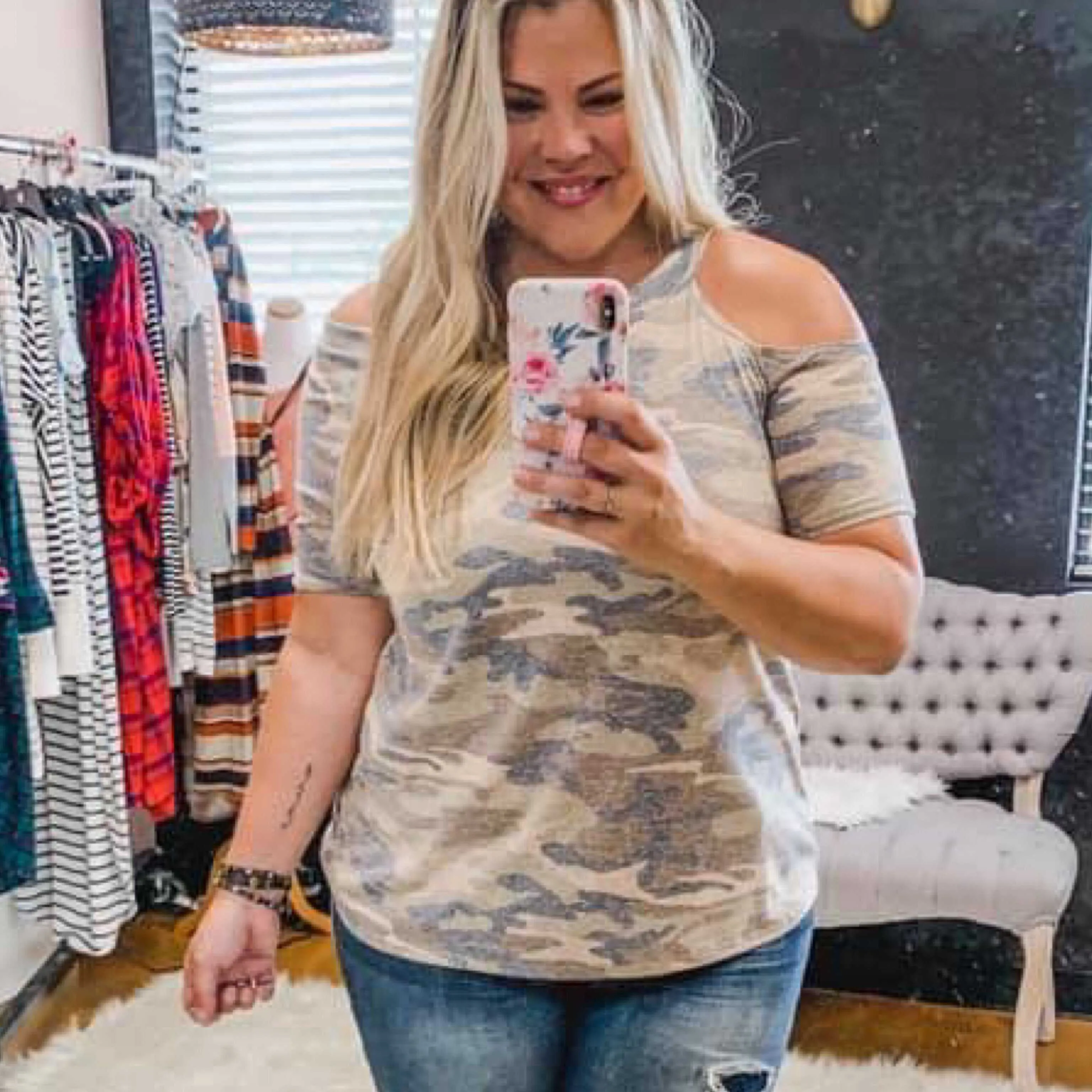 Katie Camo Cold Shoulder Top