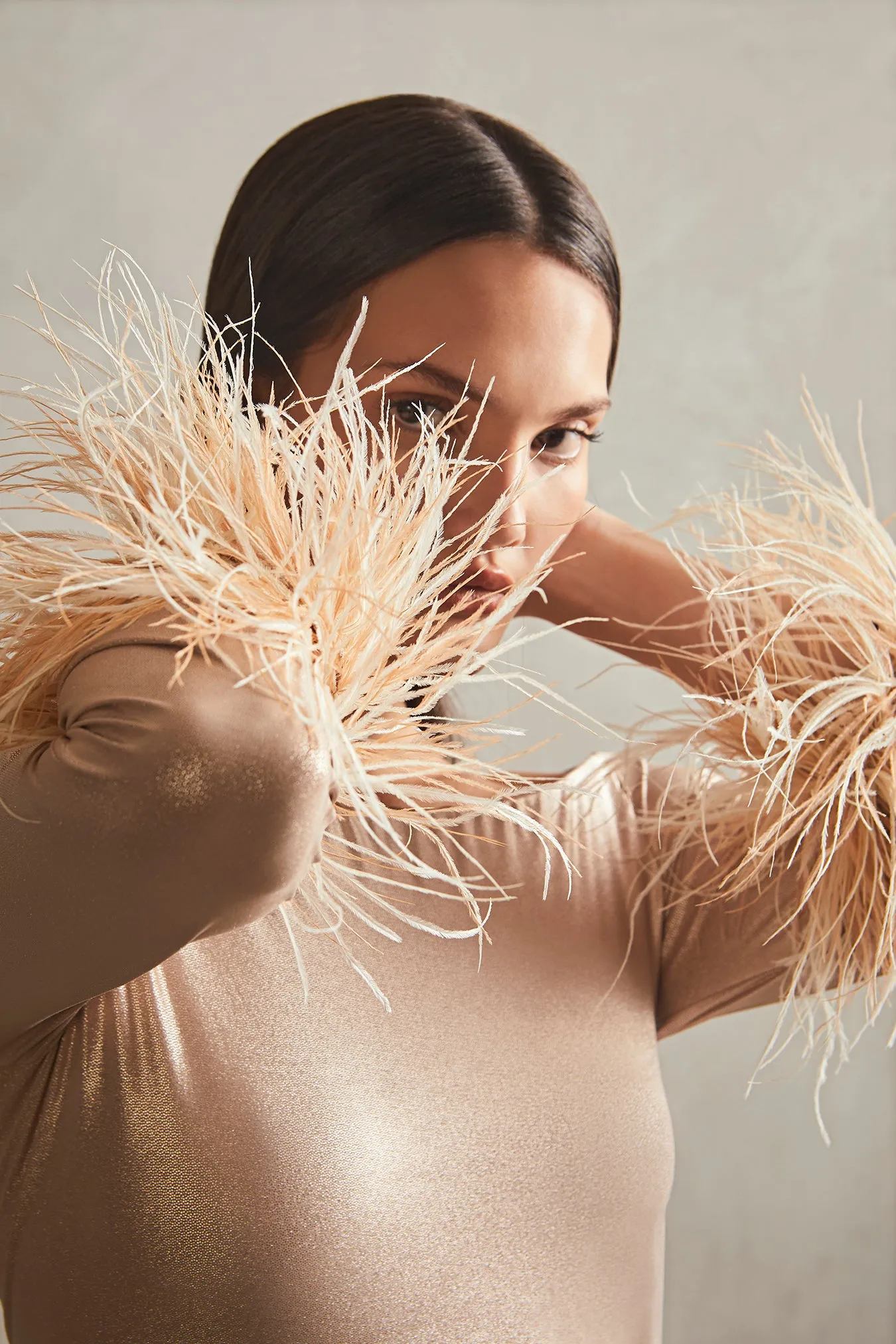 Metallic Off-The-Shoulder Short Dress With Feathers