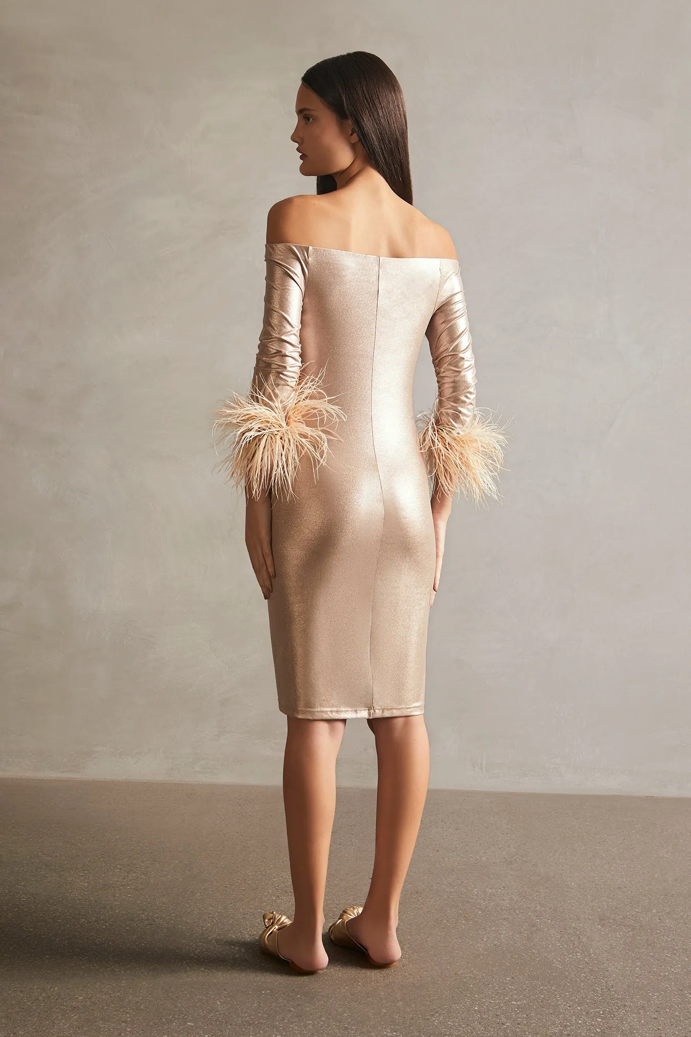 Metallic Off-The-Shoulder Short Dress With Feathers