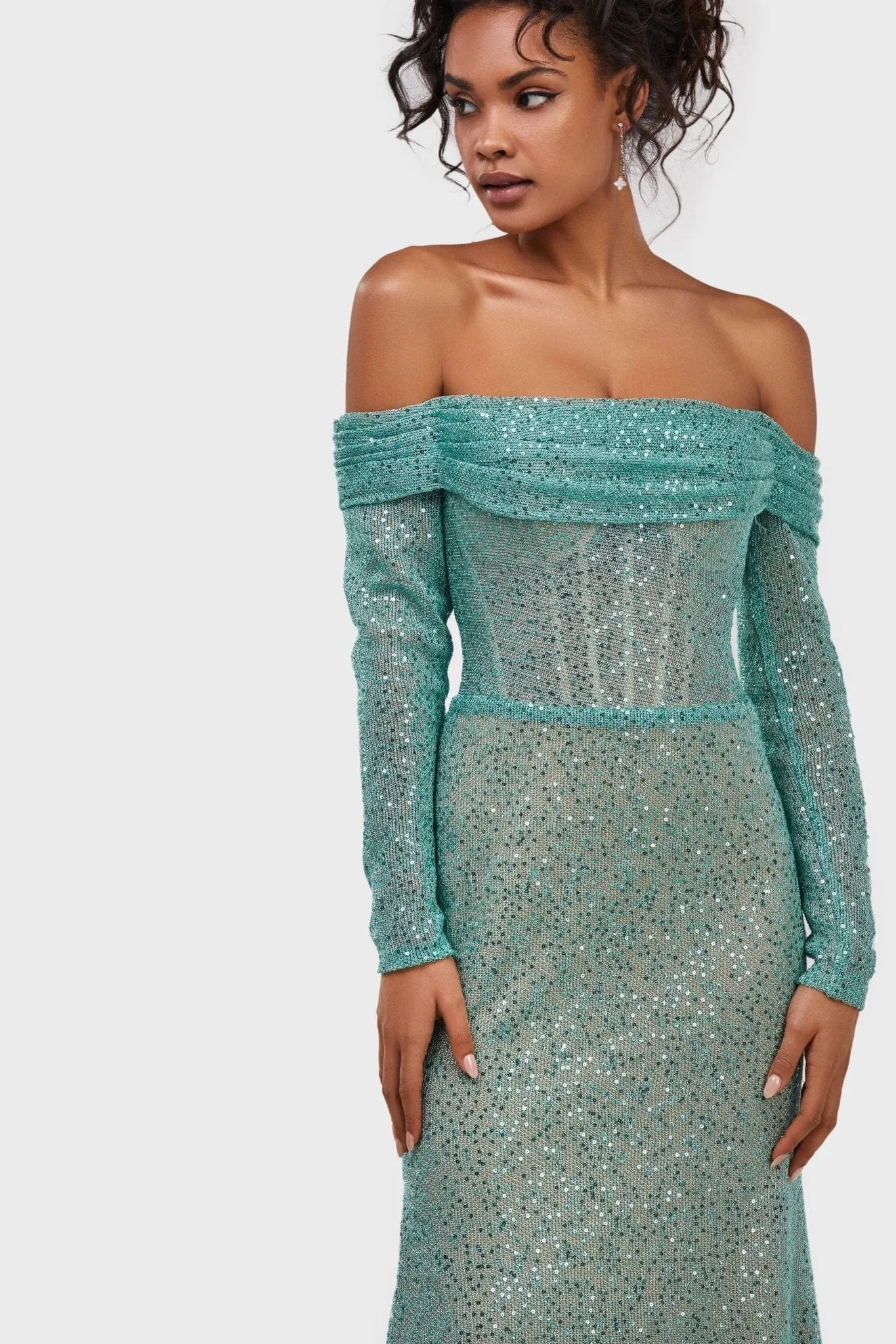 Mint Green Romantic off-the-shoulder sparkling long dress