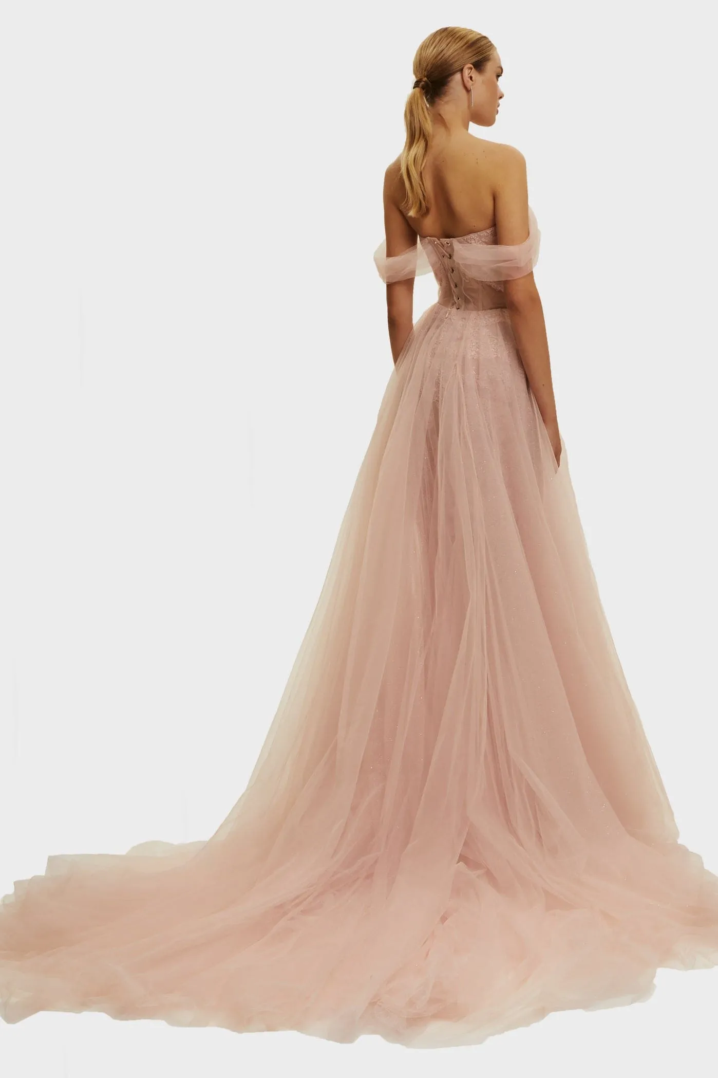 Misty Rose Long off-the-shoulder neckline maxi dress