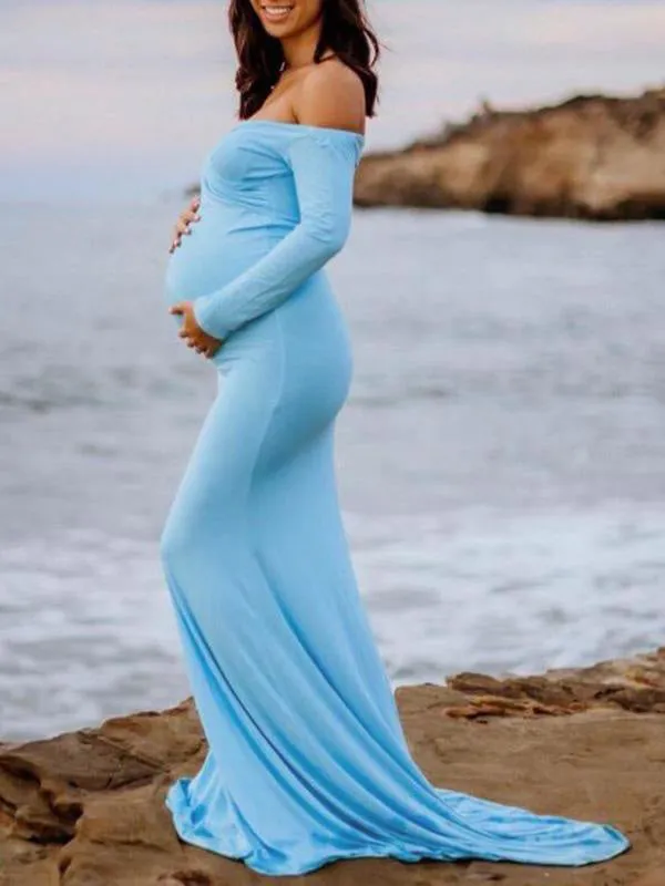 Momnfancy Off Shoulder Draped Mermaid Photoshoot Maternity Maxi Dress