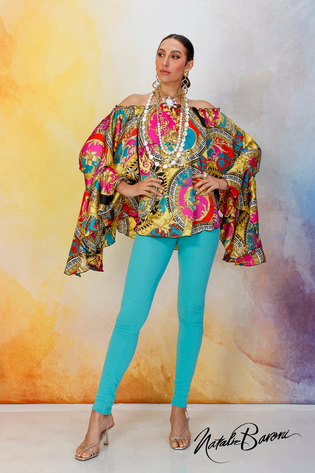 Multi Blue Poetsleeve Top - Venezia