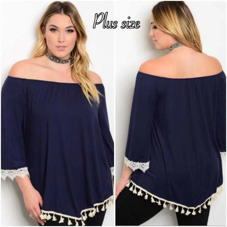 Navy & Ivory off the shoulder Tunic Plus