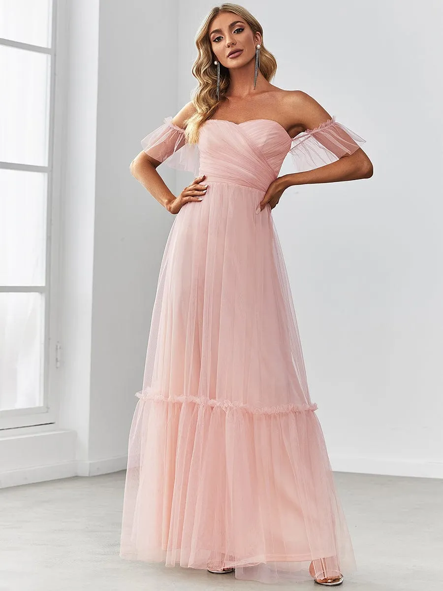 Off-Shoulder Sweetheart Double Layer Pleated Evening Dress