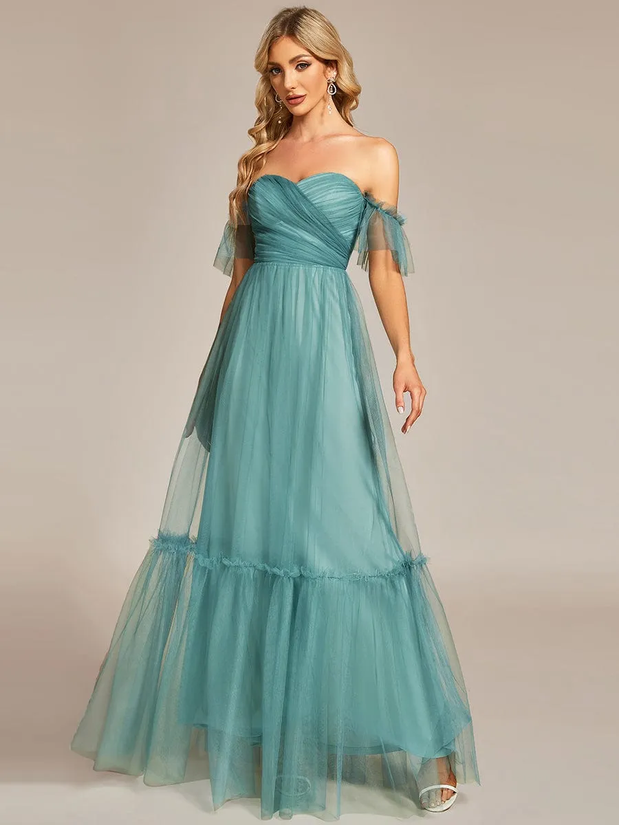 Off-Shoulder Sweetheart Double Layer Pleated Evening Dress