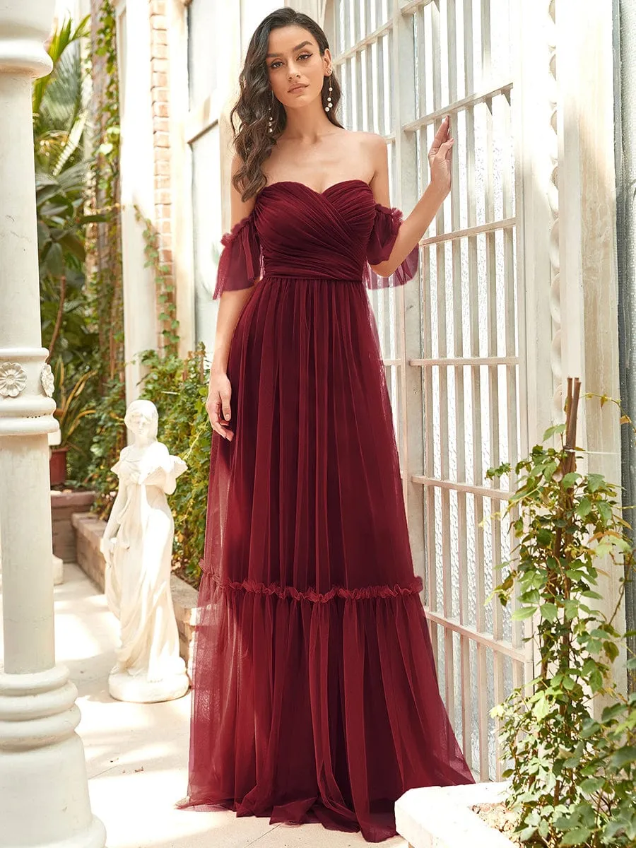 Off-Shoulder Sweetheart Double Layer Pleated Evening Dress