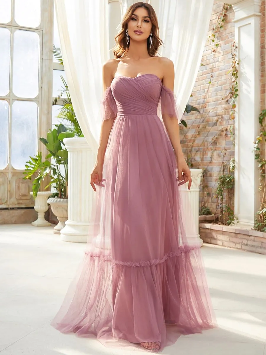 Off-Shoulder Sweetheart Double Layer Pleated Evening Dress