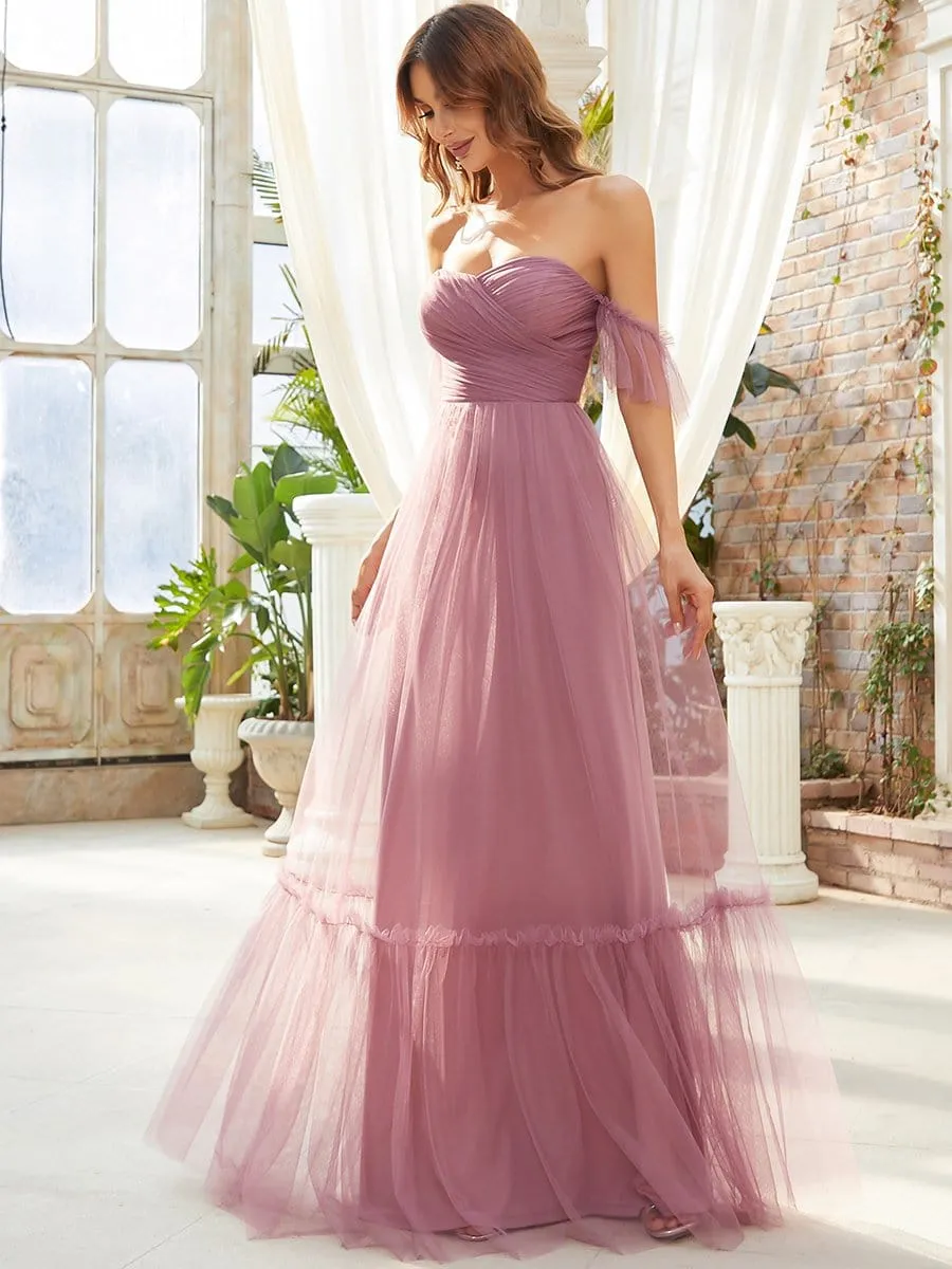 Off-Shoulder Sweetheart Double Layer Pleated Evening Dress