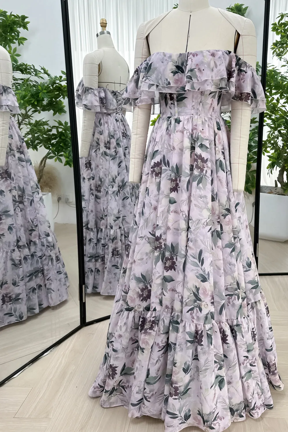 Off the Shoulder Corset Floral Print Chiffon Tiered Dress