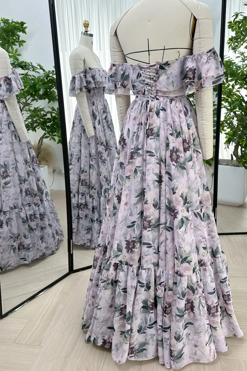 Off the Shoulder Corset Floral Print Chiffon Tiered Dress