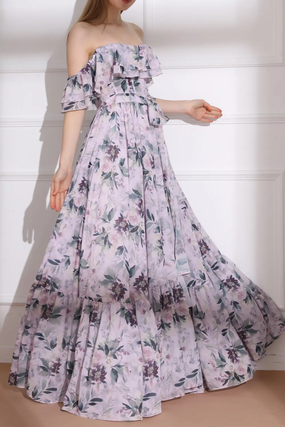 Off the Shoulder Corset Floral Print Chiffon Tiered Dress