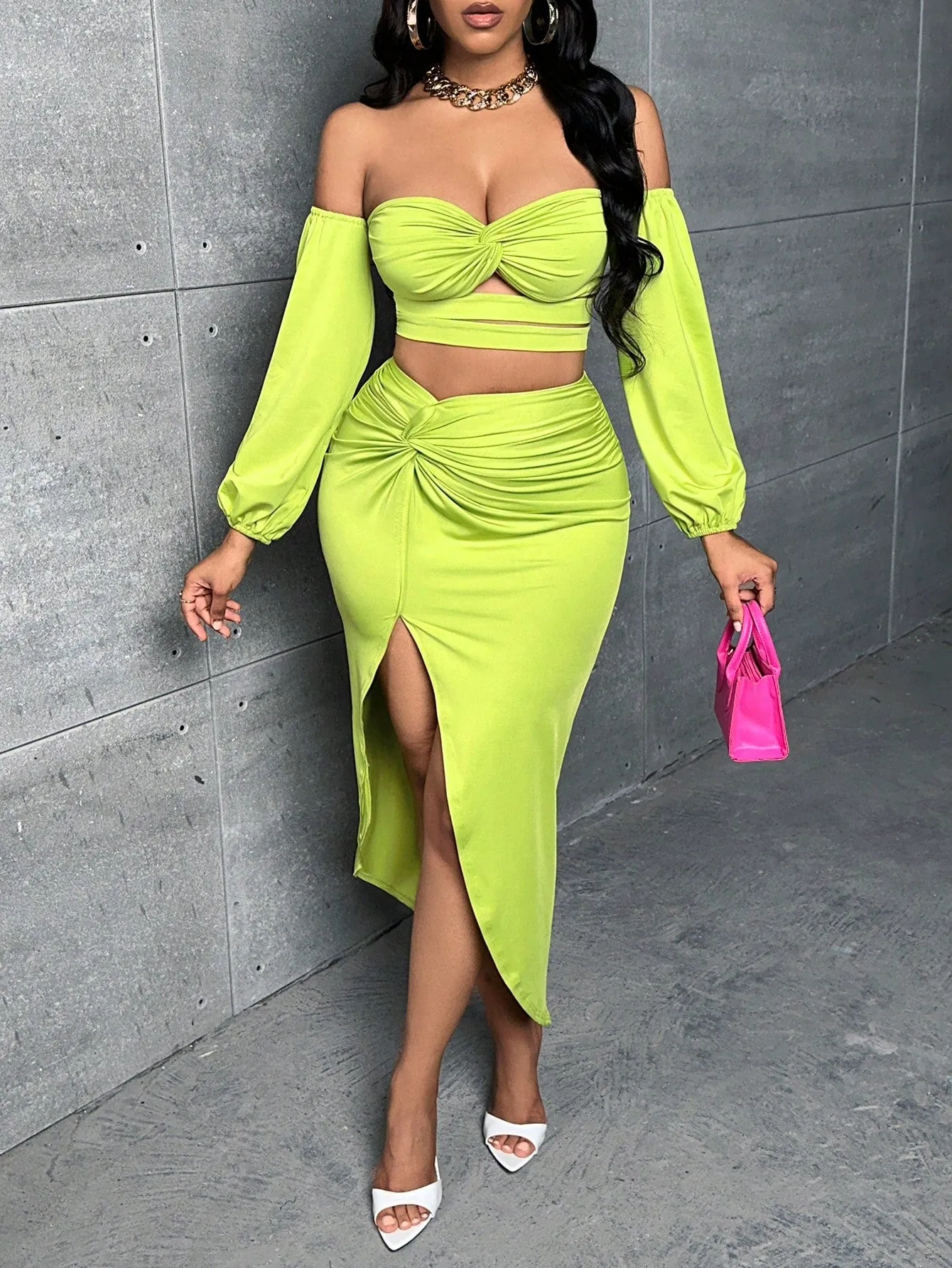 Off The Shoulder Crop Top Split Skirt Set