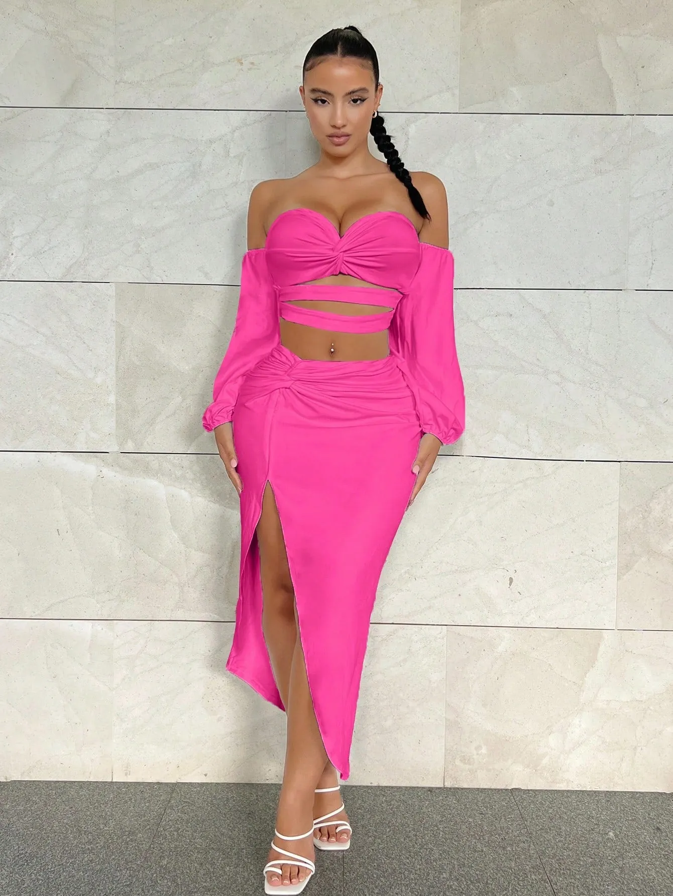 Off The Shoulder Crop Top Split Skirt Set