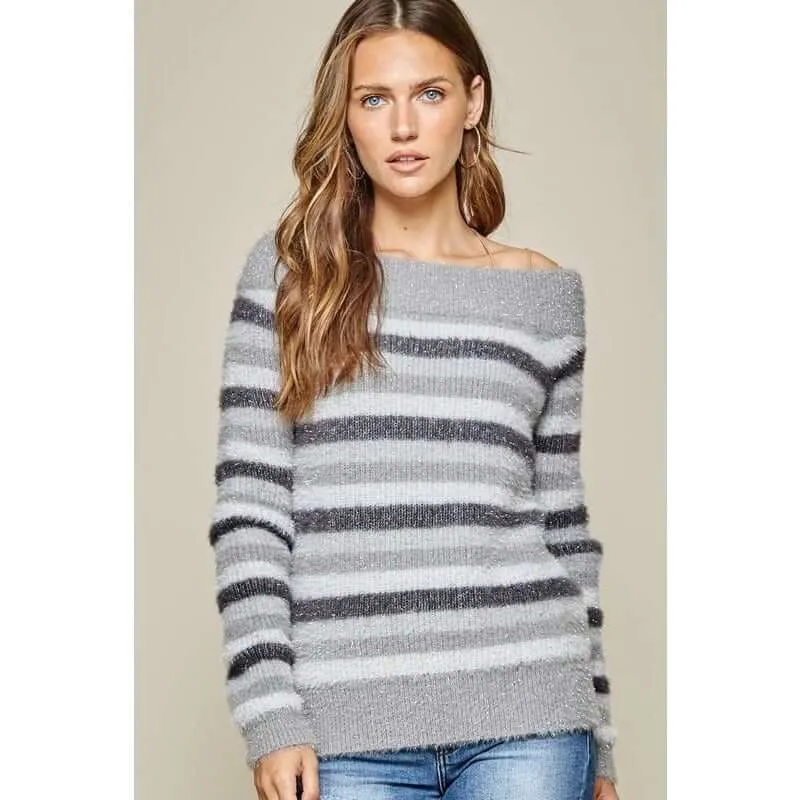 Off the Shoulder Striped Colorblock Sweater