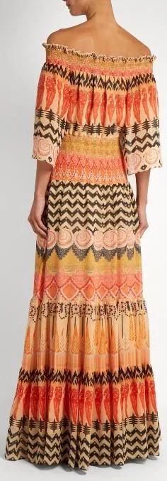 'Prophecy' Print Off-the-Shoulder Chiffon Dress