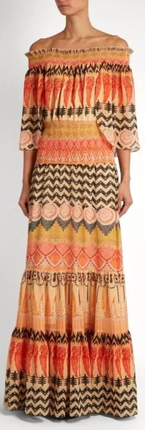 'Prophecy' Print Off-the-Shoulder Chiffon Dress