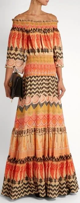 'Prophecy' Print Off-the-Shoulder Chiffon Dress