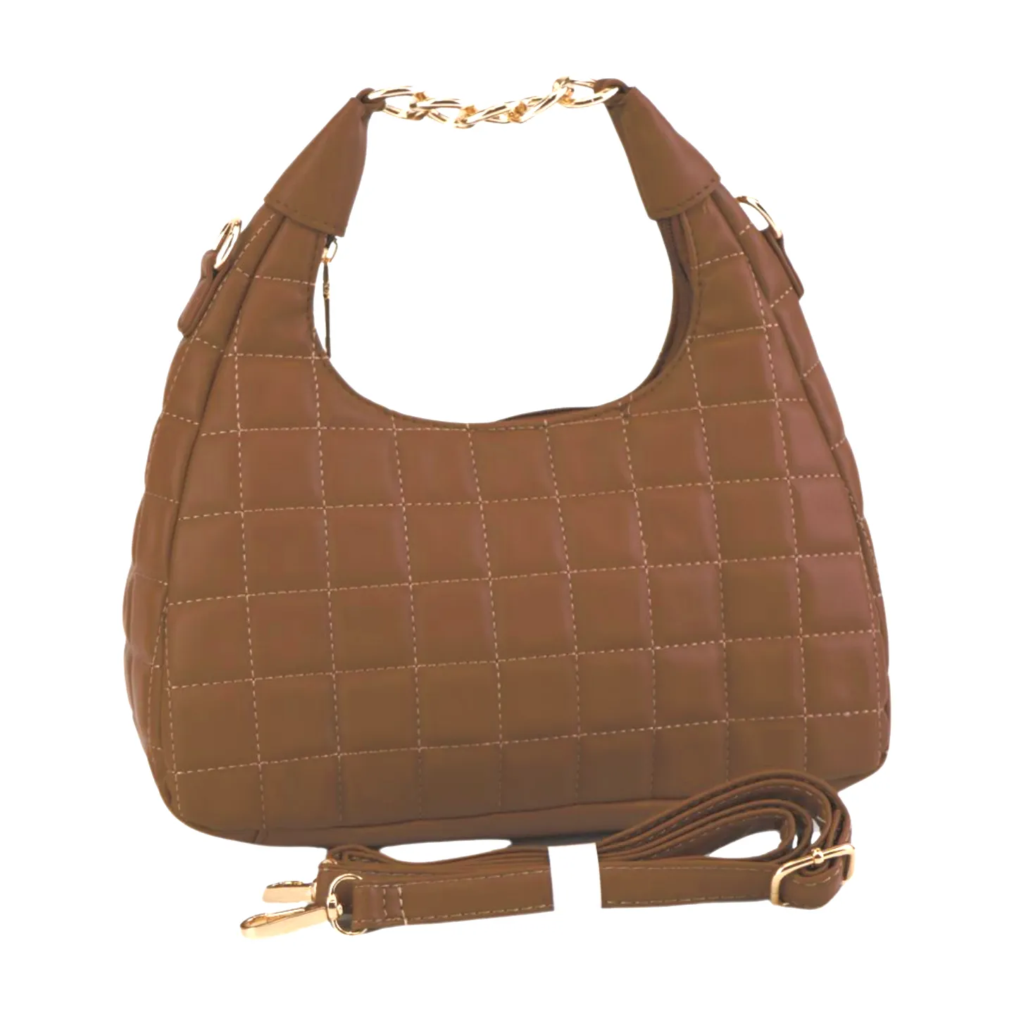 Quilted Hobo Bag with Gold Chain Handle and Shoulder Strap