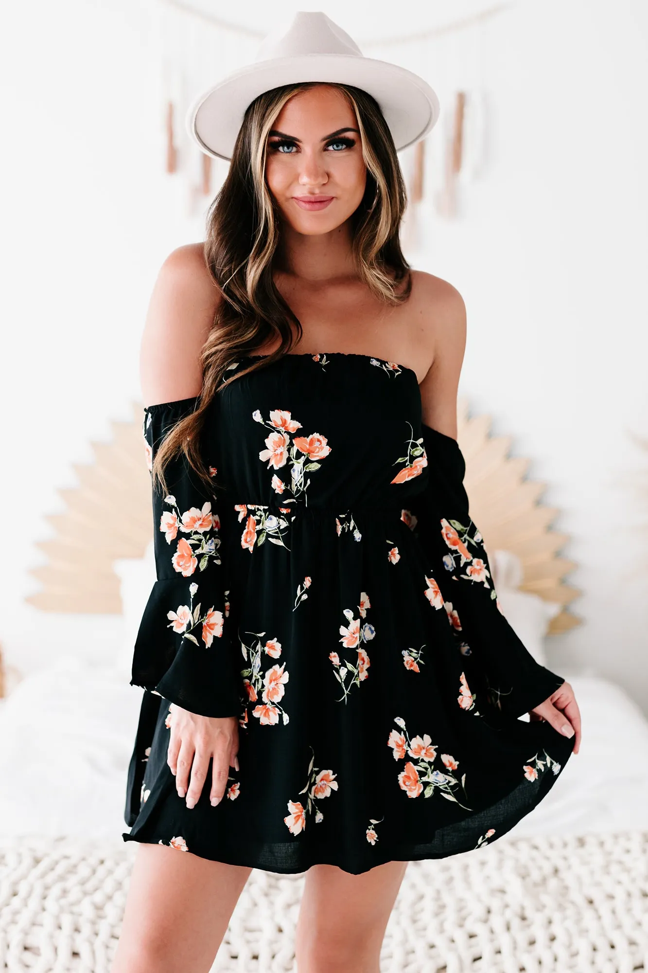 "Hope Is A Heartache" Floral Off The Shoulder Dress (Black/Coral)