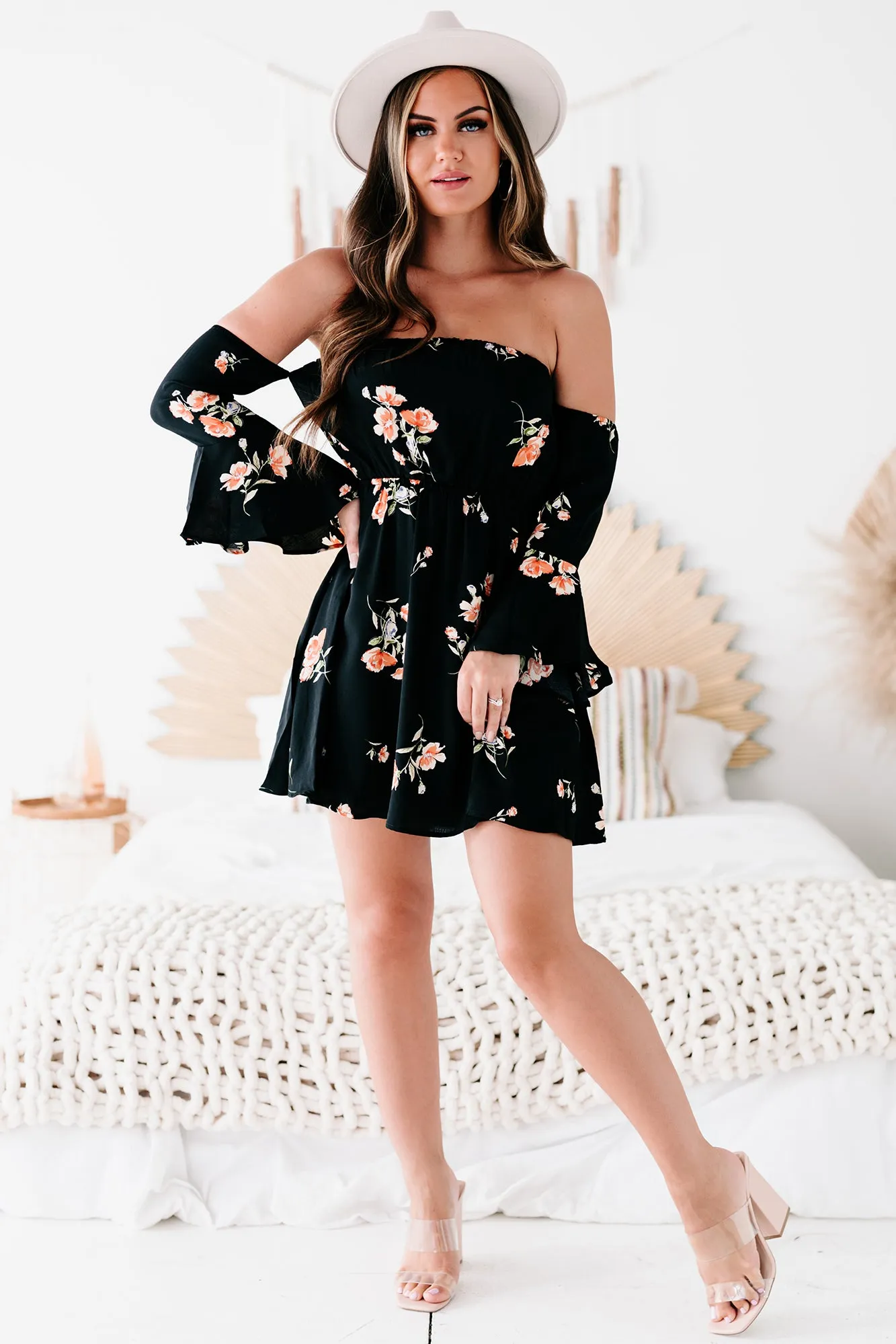 "Hope Is A Heartache" Floral Off The Shoulder Dress (Black/Coral)