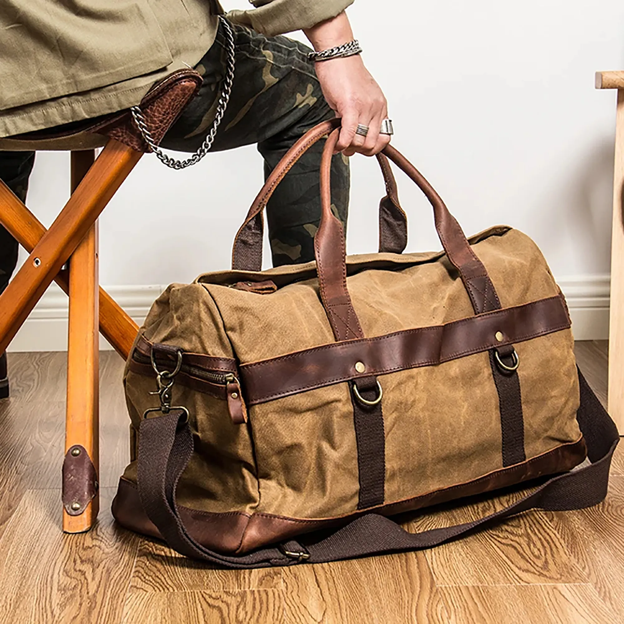 Rugged Waterproof Waxed Canvas Leather Men’s Duffle Bag & Tote