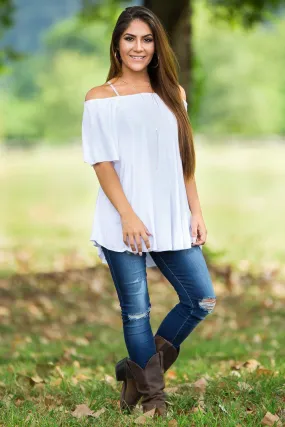 SALE-Off The Shoulder Short Sleeve Piko Top - White