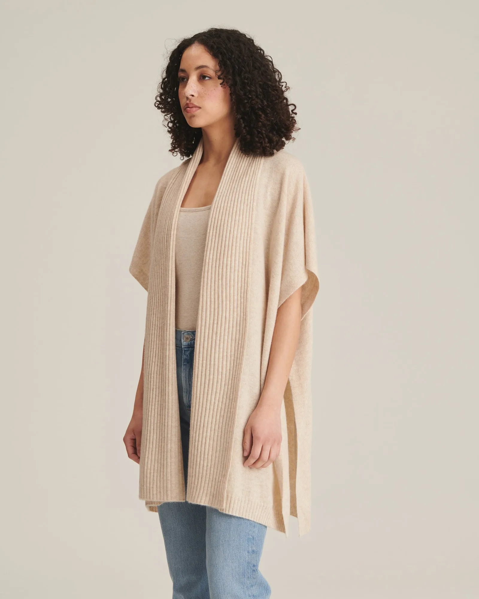 Soft by NAADAM 100% Cashmere Ribbed Collar Open Front Poncho